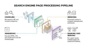 Search engine page processing pipeline infographic depicting the sequential 4-stage journey of web content: crawling, rendering, indexing, and ranking and serving.