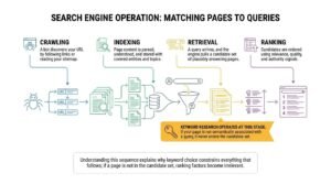 Search engine operation flowchart illustrating how pages are matched to user queries across four stages: crawling URLs, indexing content, retrieval of candidate sets through a search funnel, and algorithmic ranking on search engine results pages