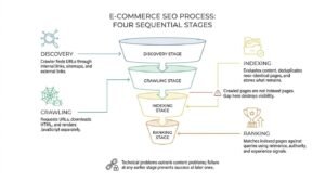 E-commerce SEO process infographic detailing four sequential stages—discovery, crawling, indexing, and ranking—arranged in a technical SEO funnel with descriptions and warnings about indexing gaps.