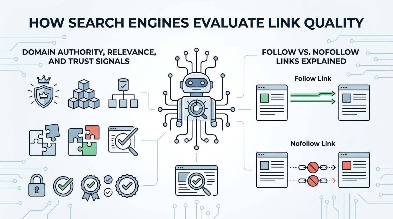Infographic explaining how search engines evaluate link quality through domain authority, relevance, trust signals, and the distinction between follow and nofollow links.