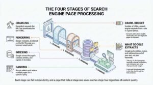 Infographic illustrating the four stages of search engine page processing along an assembly conveyor line: crawling, rendering, indexing, and ranking, with side panels detailing crawl budget considerations and entity extraction."