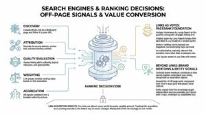 Infographic explaining how search engines process off-page signals, converting backlinks, PageRank equity, and unlinked brand mentions into ranking decisions through a central evaluation engine.