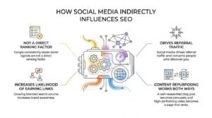 Infographic titled 'How Social Media Indirectly Influences SEO' illustrating a central mechanical engine connected to four key points: Not a Direct Ranking Factor, Increases Likelihood of Earning Links, Drives Referral Traffic, and Content Repurposing Works Both Ways.