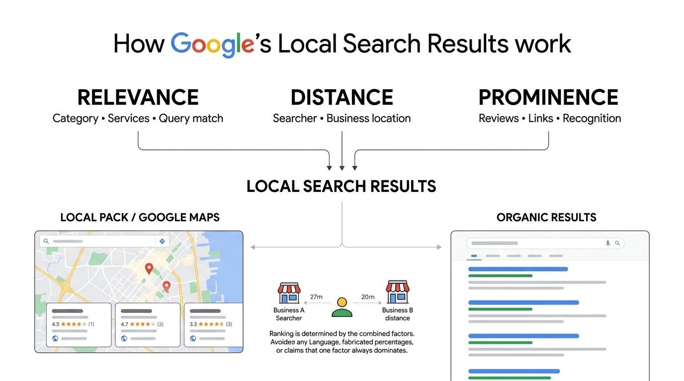 Infographic explaining how Google’s local search results work, showing relevance, distance, and prominence as key factors influencing Local Pack, Google Maps, and organic search results.