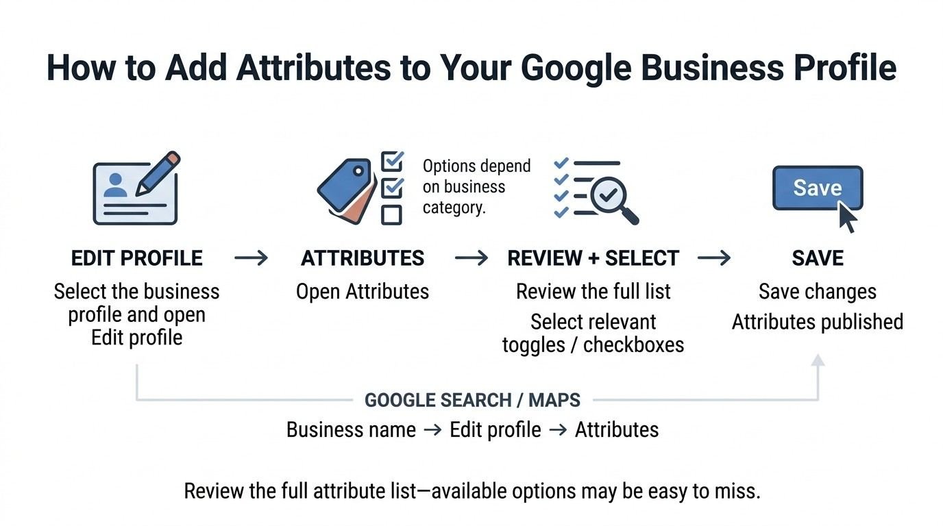 Infographic showing how to add attributes to a Google Business Profile by opening Edit Profile, selecting Attributes, reviewing relevant options, and saving the changes.