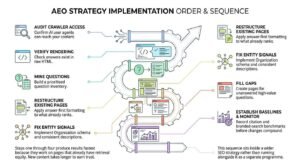 AEO strategy implementation order and sequence infographic illustrating a curved pipeline roadmap from auditing crawler access and HTML rendering to entity schema, answer-first formatting, and citation monitoring.