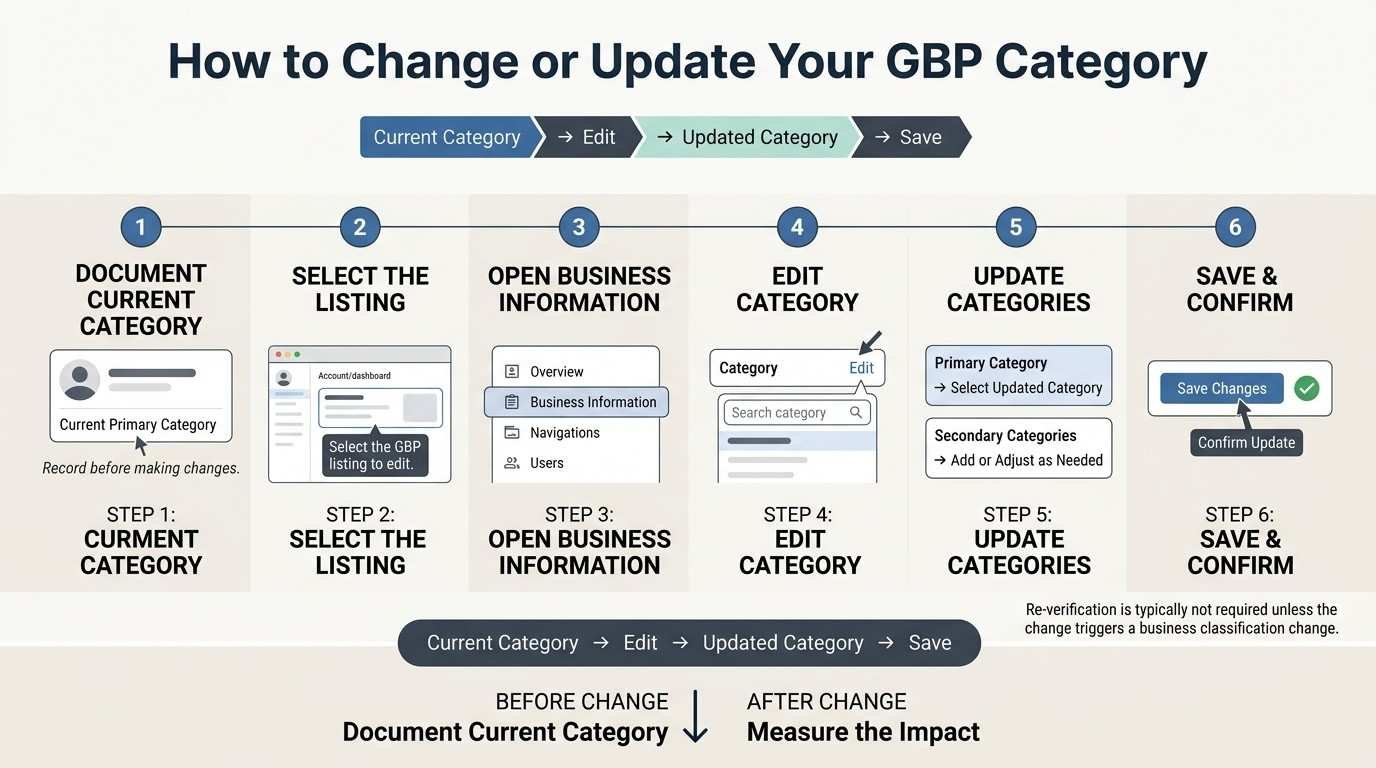 Infographic showing how to change or update a Google Business Profile category, from documenting the current category and selecting the listing to editing, updating, saving, and measuring the impact.