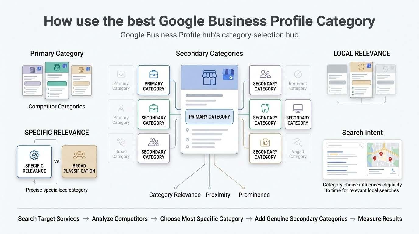 Infographic explaining how to choose the right Google Business Profile category using primary and secondary categories, competitor analysis, local relevance, specific service relevance, and search intent.