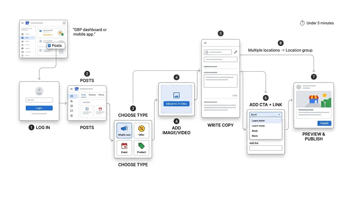Infographic showing how to create a Google Business Profile post step by step, from logging in and choosing a post type to adding media, writing copy, adding a CTA and link, and previewing and publishing.