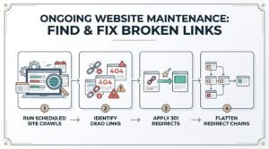 Infographic titled ONGOING WEBSITE MAINTENANCE: FIND & FIX BROKEN LINKS illustrating a four-stage technical workflow: 1. Run Scheduled Site Crawls (laptop running scheduled audit with calendar and gears), 2. Identify Dead Links (pages flagged with 404 status codes, severed chain links, and warning hazards), 3. Apply 301 Redirects (linking an old URL via a directional arrow to an active destination page), and 4. Flatten Redirect Chains (collapsing multiple intermediate hops into a direct destination URL).