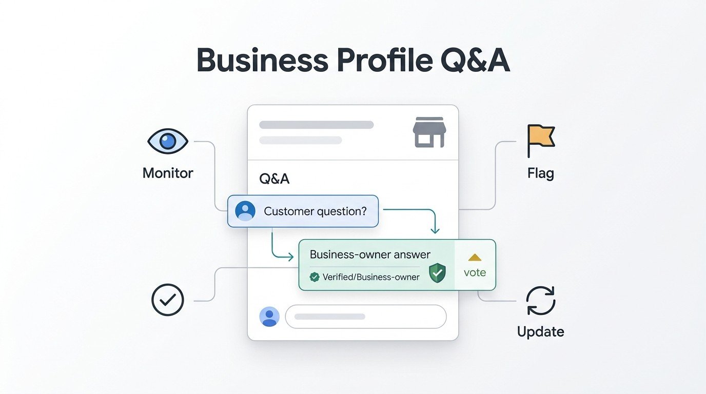 Infographic showing Google Business Profile Q&A management, including monitoring customer questions, providing business-owner answers, flagging inappropriate content, voting, and updating Q&A information.