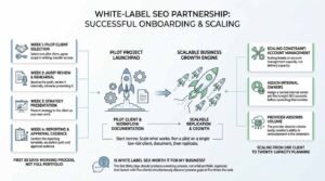 White-label SEO partnership onboarding and scaling infographic showing a 4-week pilot client timeline transitioning into a scalable agency growth engine.