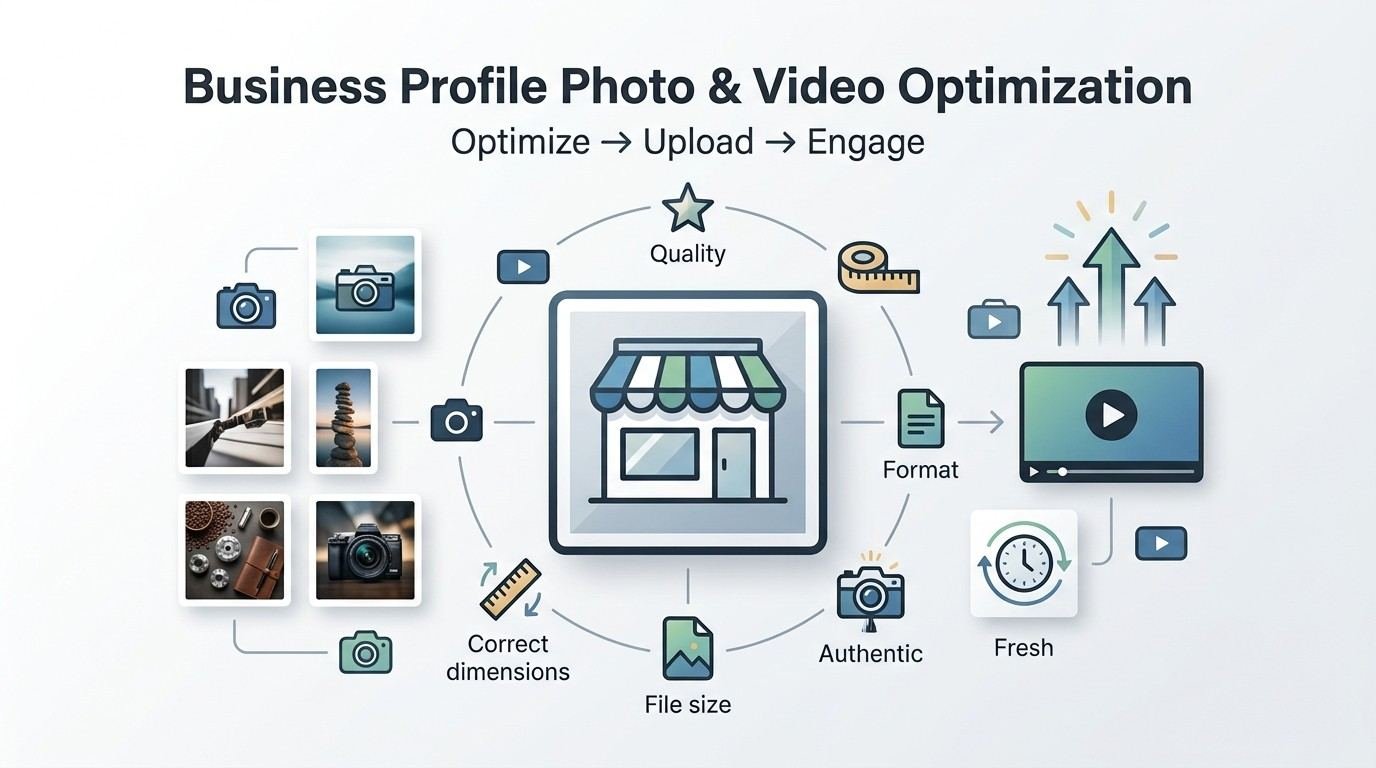 Infographic explaining Google Business Profile photo and video optimization, highlighting image quality, correct dimensions, file size, authentic content, suitable video formats, and fresh visual uploads.