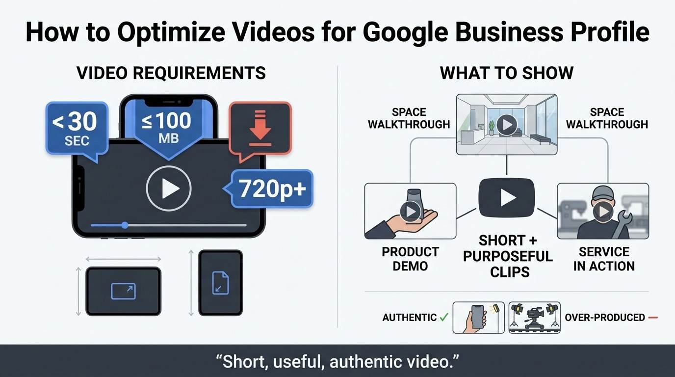 Infographic explaining how to optimize videos for Google Business Profile, covering video requirements, short purposeful clips, space walkthroughs, product demonstrations, service-in-action footage, and authentic content.