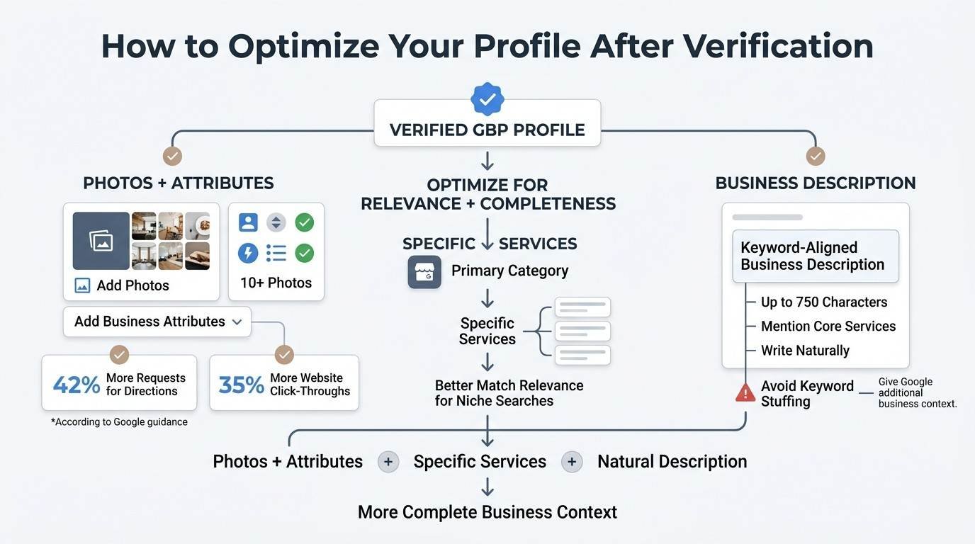 Infographic explaining how to optimize a verified Google Business Profile with photos and attributes, specific services, a natural business description, and complete business information.
