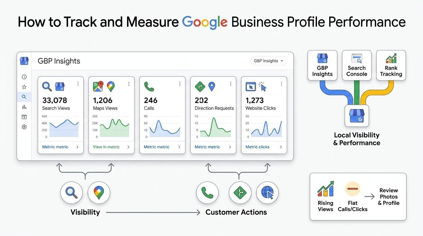 Infographic showing how to track Google Business Profile performance using GBP Insights, Search Console, and rank tracking, with visibility metrics and customer actions such as searches, calls, direction requests, and website clicks.