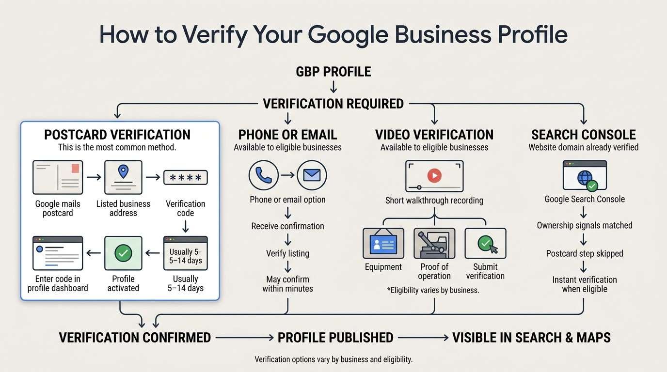Infographic explaining how to verify a Google Business Profile using postcard, phone or email, video verification, or Google Search Console, leading to profile publication in Google Search and Maps.