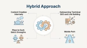 Infographic titled Hybrid Approach illustrating a collaborative SEO model combining Content Creation Internally and Outsourcing Technical SEO and Link Building, supported by Plays to Each Side's Strengths and Middle Path around central interlocking gears.
