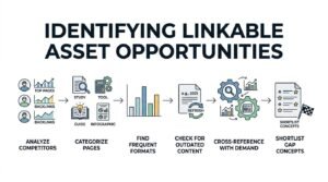 Infographic titled IDENTIFYING LINKABLE ASSET OPPORTUNITIES outlining a six-stage sequential workflow: 1. Analyze Competitors (top pages and backlink profiles), 2. Categorize Pages (Study, Tool, Guide, Infographic), 3. Find Frequent Formats (comparative frequency bar chart), 4. Check for Outdated Content (outdated year like 2021 with refresh cycle), 5. Cross-Reference with Demand (search trends, news relevance, and metrics), and 6. Shortlist Gap Concepts (star-rated checklist and finish flag).