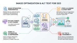 Image optimization and alt text for SEO infographic showing an unoptimized image passing through a processing filter of compression, modern formats, metadata, and accessibility before rendering cleanly in an indexed web browser.