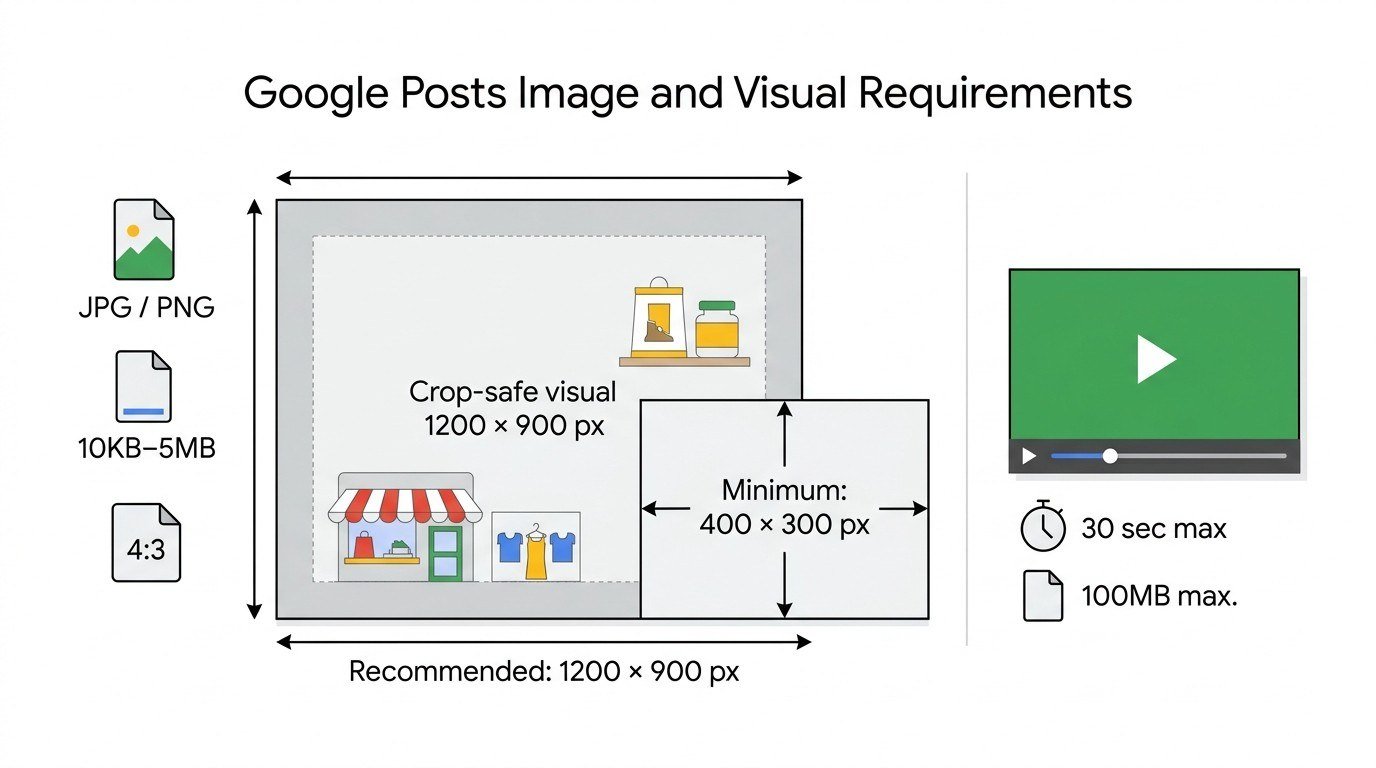 Infographic showing Google Posts image and visual requirements, including JPG or PNG format, 4:3 aspect ratio, recommended 1200 × 900 pixel images, minimum 400 × 300 pixels, and video limits of 30 seconds and 100 MB.