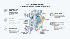 SEO indexability and eligibility for search results infographic showing an isometric search engine archive machine sorting indexed documents from excluded pages, highlighting index bloat, noindex tags, and Google Search Console page reports.