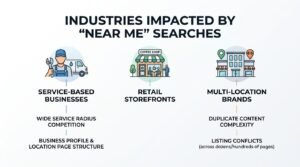 Infographic titled INDUSTRIES IMPACTED BY 'NEAR ME' SEARCHES displaying three business categories: Service-Based Businesses with service radius competition, Retail Storefronts featuring a coffee shop, and Multi-Location Brands facing duplicate content complexity and listing conflicts.