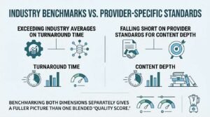 Infographic titled Industry Benchmarks vs. Provider-Specific Standards comparing turnaround time against content depth, explaining that measuring both dimensions separately provides a more accurate view than a single blended quality score.