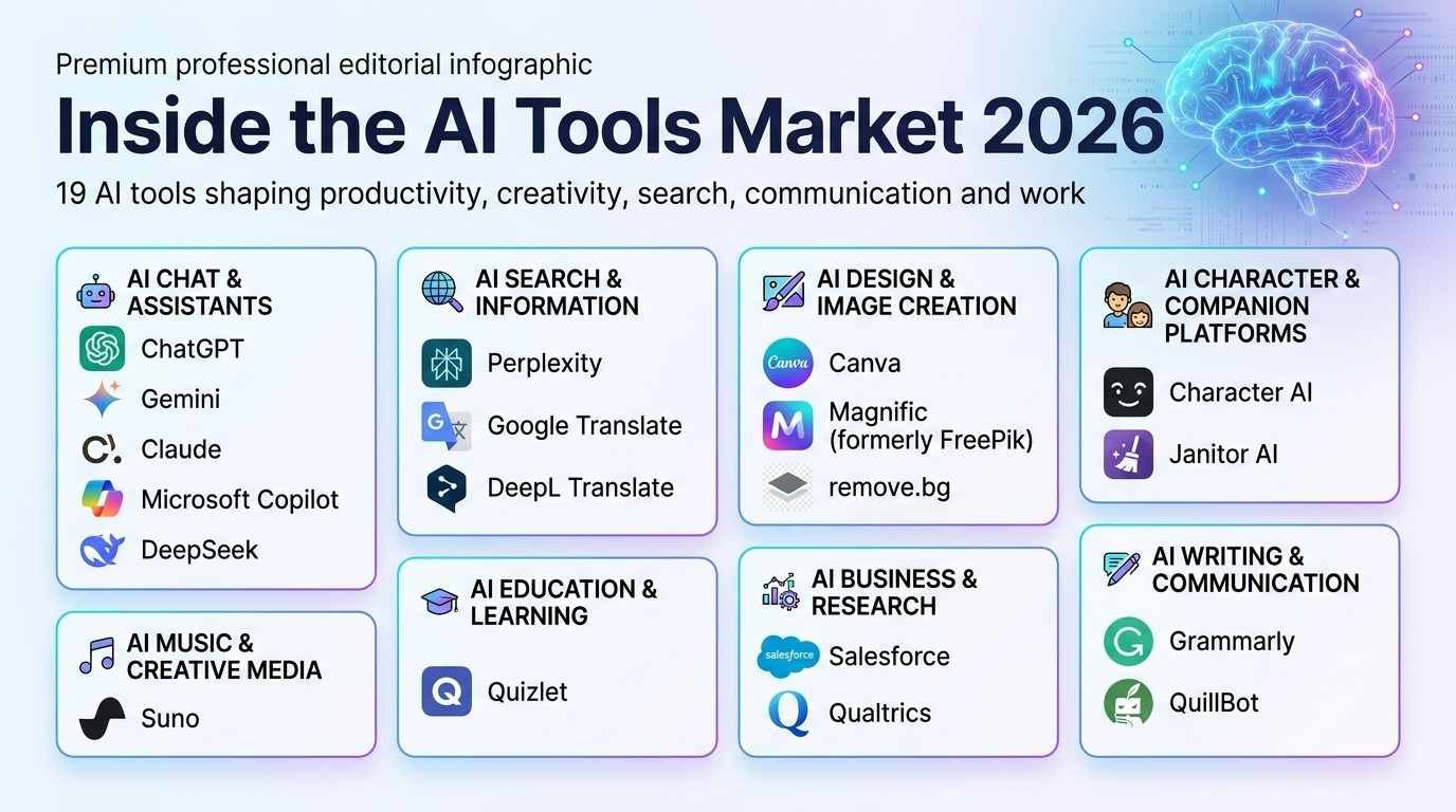 Market map infographic titled 'Inside the AI Tools Market 2026' categorizing 19 leading artificial intelligence platforms across eight functional categories including assistants, search, design, companions, and enterprise research.