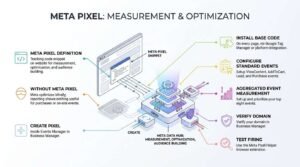 Meta Pixel measurement and optimization infographic showing website tracking code routing event data into a central Meta Data Hub, outlining pixel setup steps, standard events, and verification workflows.