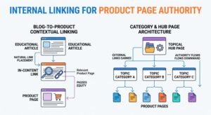 Internal linking strategies for product page authority infographic showing blog-to-product contextual linking and category hub page architecture.