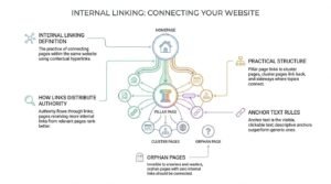 Internal linking architecture infographic illustrating the flow of authority from a homepage to a central pillar page and surrounding topic clusters, detailing internal link definitions, anchor text rules, and orphan page risks.