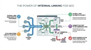 The power of internal linking for SEO infographic illustrating how external backlinks bring equity into blog posts and internal links distribute that authority to commercial pages to lift search rankings.