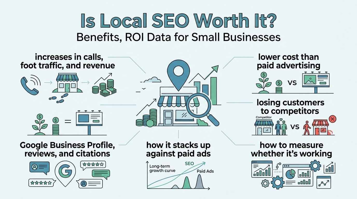 Infographic titled Is Local SEO Worth It? Benefits, ROI Data for Small Businesses outlining core value drivers: increases in calls, foot traffic, and revenue, lower cost than paid advertising, losing customers to competitors, Google Business Profile reviews and citations, how it stacks up against paid ads, and how to measure performance around a central brick-and-mortar storefront inspected by a magnifying glass.