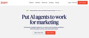 Jasper AI homepage hero banner titled 'Put AI agents to work for marketing' featuring call-to-action buttons for Start Free Trial and Get A Demo