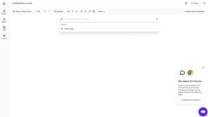 Jasper AI rich text document editor interface titled Untitled Document featuring an AI prompt command bar, formatting tools, and a Chrome extension callout.