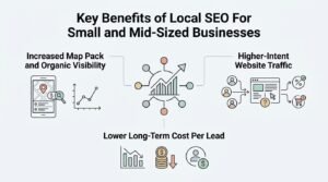 Infographic titled Key Benefits of Local SEO For Small and Mid-Sized Businesses detailing Increased Map Pack and Organic Visibility, Higher-Intent Website Traffic, and Lower Long-Term Cost Per Lead surrounding a central growth chart network node hub.