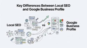 Infographic titled Key Differences Between Local SEO and Google Business Profile contrasting comprehensive website optimization, backlink networks, and technical signals on the left with a dedicated mobile Google Maps profile listing on the right, separated by a central vs icon and upward growth arrows.