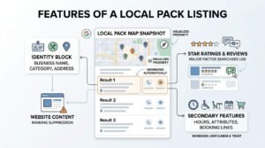 Infographic titled FEATURES OF A LOCAL PACK LISTING breaking down a Google Local 3-Pack layout into Local Pack Map Snapshot visualizing proximity, Identity Block (business name, category, address), Website Content ranking suppression warning, Star Ratings & Reviews, and Secondary Features including hours, attributes, and booking links.