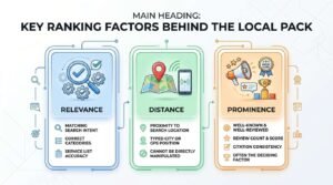 Infographic titled MAIN HEADING: KEY RANKING FACTORS BEHIND THE LOCAL PACK comparing RELEVANCE (matching search intent, correct categories, service list accuracy), DISTANCE (proximity to search location, typed city or GPS position, cannot be directly manipulated), and PROMINENCE (well-known & well-reviewed, review count & score, citation consistency, often the deciding factor)