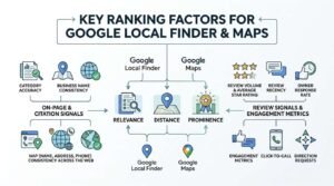 Infographic titled KEY RANKING FACTORS FOR GOOGLE LOCAL FINDER & MAPS detailing how On-Page & Citation Signals and Review Signals & Engagement Metrics feed into the core pillars of Relevance, Distance, and Prominence across both Google Local Finder and Google Maps interfaces.