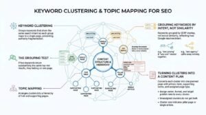 Keyword clustering and topic mapping for SEO infographic illustrating a network graph connecting query clusters to hub pages, supporting articles, and pillar content based on SERP overlap testing and content planning rules.