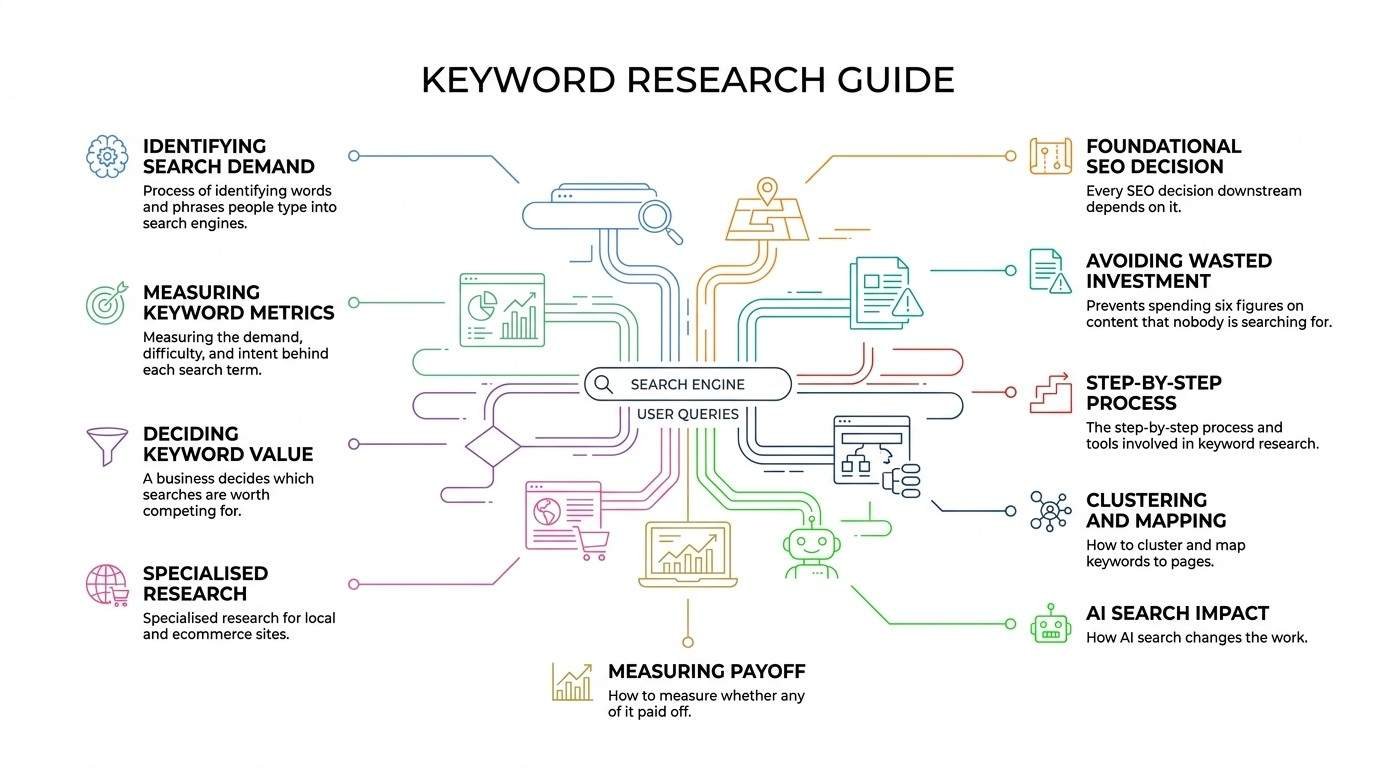 Keyword research guide infographic displaying an interconnected subway-style circuit map connecting user search queries to metrics measurement, commercial value evaluation, keyword clustering, AI search impact, and ROI tracking