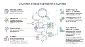 Keyword research process and factors infographic detailing seed collection, expansion, qualification, and mapping alongside search volume, intent, and head terms versus long-tail queries.