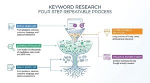 Keyword research four-step repeatable process infographic illustrating a keyword tree diagram growing from root seed ideas, branching into data expansion, filtering through a funnel, and validating final terms against live search engine results