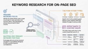 Keyword research for on-page SEO infographic detailing primary keyword focus, URL mapping to avoid cannibalization, and a reference table mapping the four search intent types—informational, navigational, commercial, and transactional—to page formats and ranking content types.
