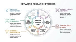 Keyword research process infographic showing a circular workflow centered around a 'Keyword Research Hub', mapping five stages from seed topic identification and list expansion to filtering, intent confirmation, and keyword clustering.