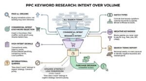 PPC keyword research intent over volume infographic showing search queries filtered through a tiered funnel, separating low-converting informational terms from high-intent commercial queries that drive purchase decisions.