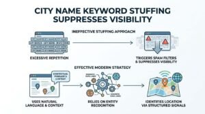 Infographic titled CITY NAME KEYWORD STUFFING SUPPRESSES VISIBILITY contrasting an Ineffective Stuffing Approach—where excessive repetition of city names on a webpage triggers spam filters and suppresses visibility—against an Effective Modern Strategy that uses natural language and context, relies on entity recognition and semantic data links, and identifies location via structured signals on an interactive map.