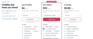 Keyword.com pricing plans matrix comparing Search Visibility at $4/month, 360° Visibility at $33/month, and AI Visibility at $9.80/month, detailing keyword allowances, AI model tracking, and API options.
